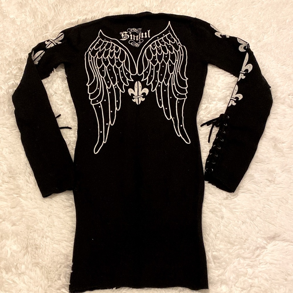 SINFUL WOMEN SWEATER DRESS / TUNIC/ WINGS WITH RHINESTONES LACEUP SLEEVES SZ M